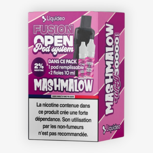 Cartouche Fusion Open Pod System + 2 fioles 10ml 20mg Liquideo Mashmalow