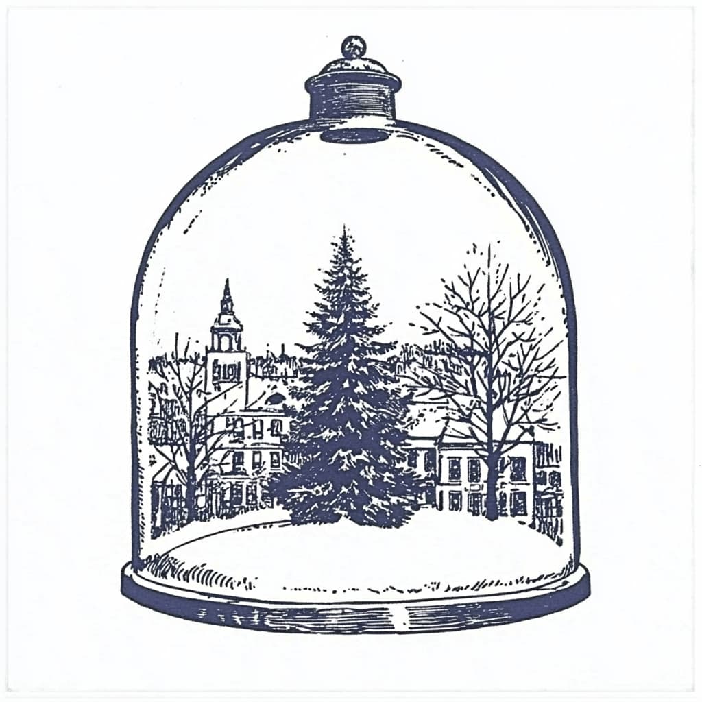 A Snow globe with a realistic looking Christmas tree in the square of a snow covered town