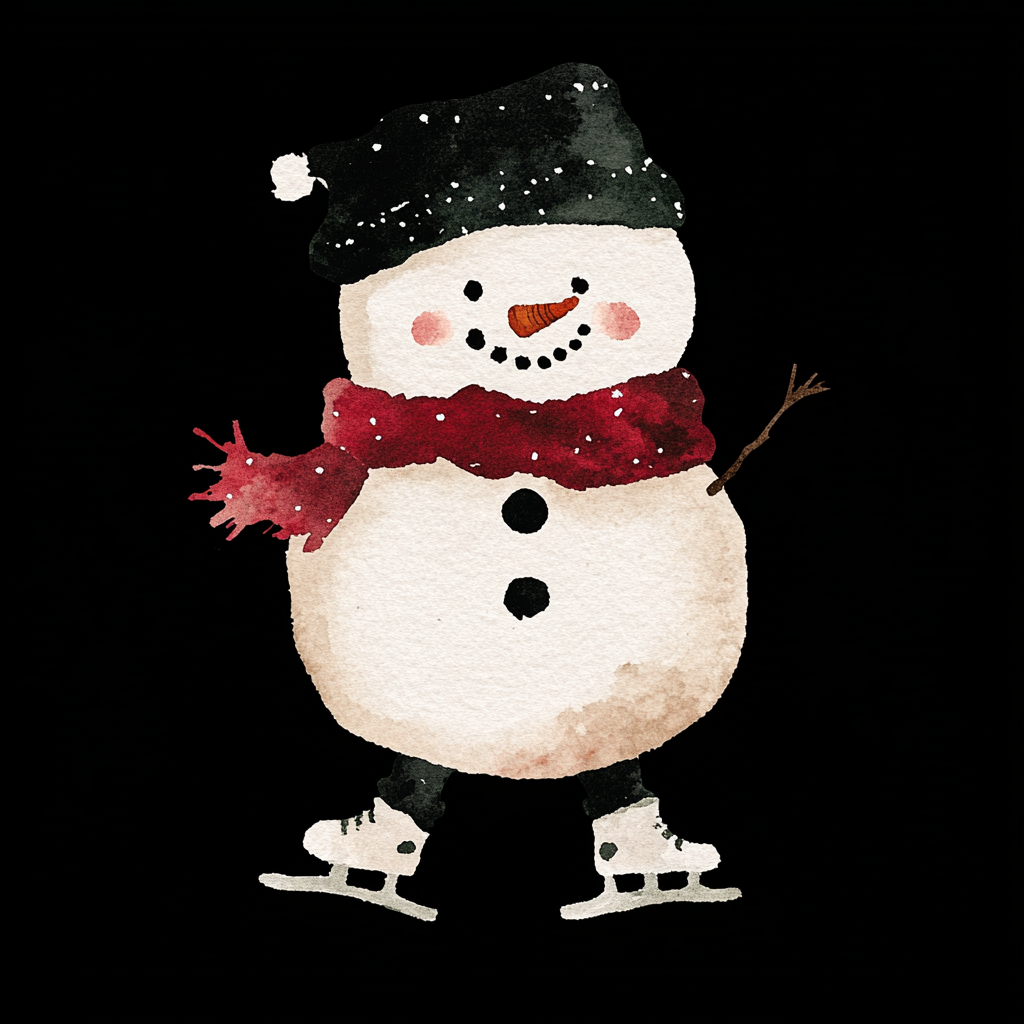 A watercolor painting of a snowman on ice skates