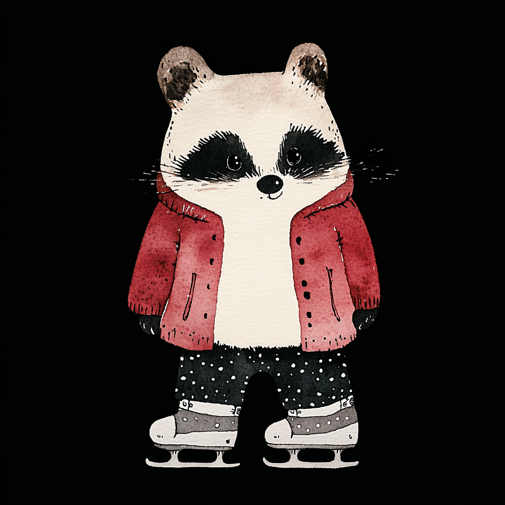 A raccoon wearing a red winter jacket on ice skates