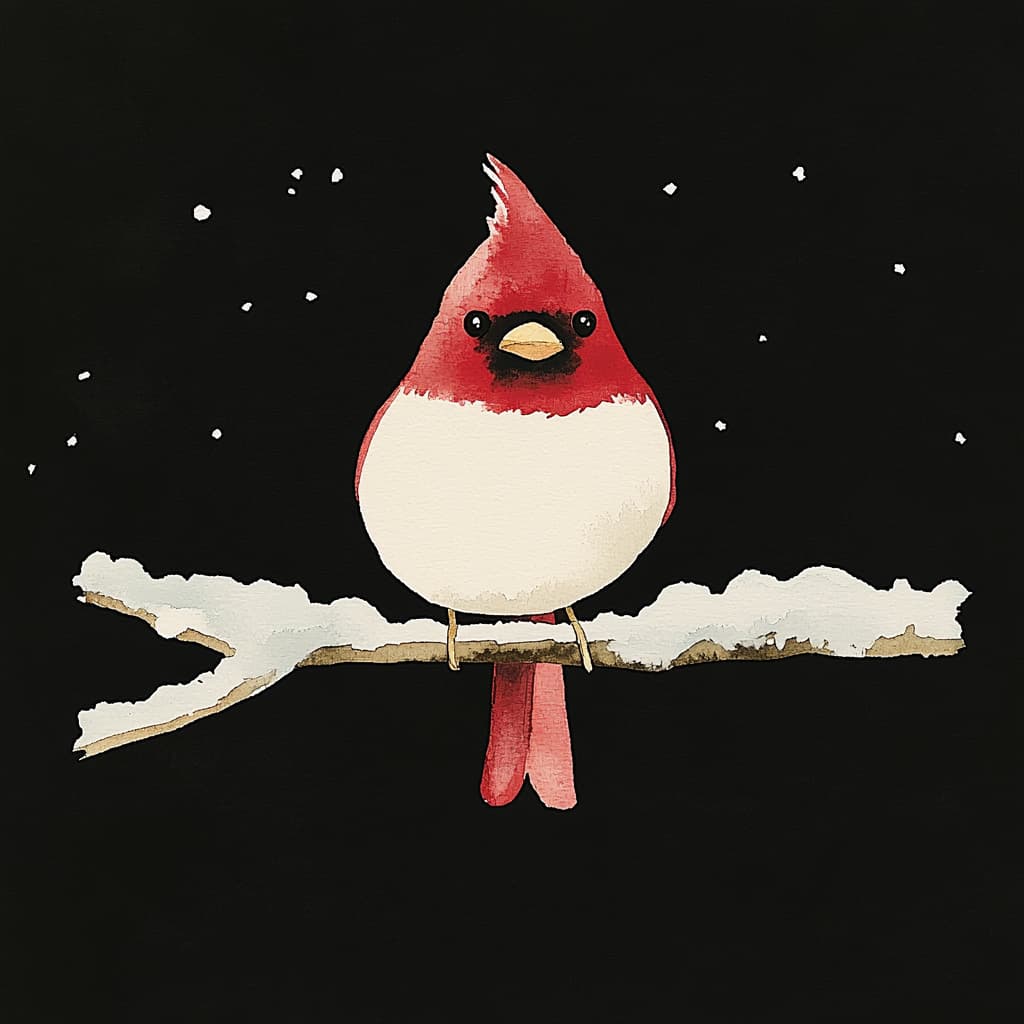 A watercolor painting of a cardinal on a snowy branch