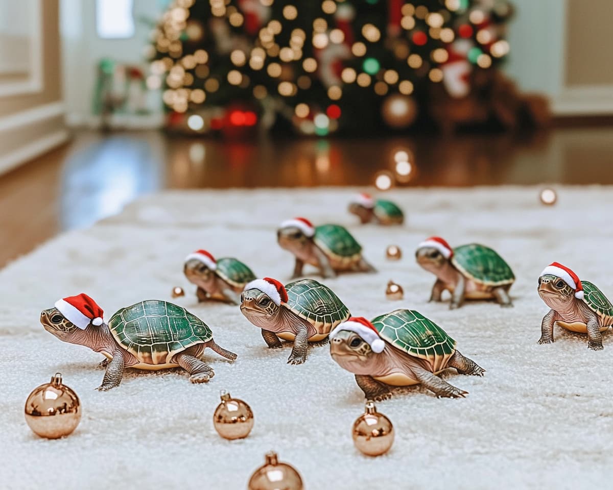 A photoshoot of baby turtles, the turtles are wearing Santa hats and are crawling across a living room floor with ornaments randomly placed on a carpet.