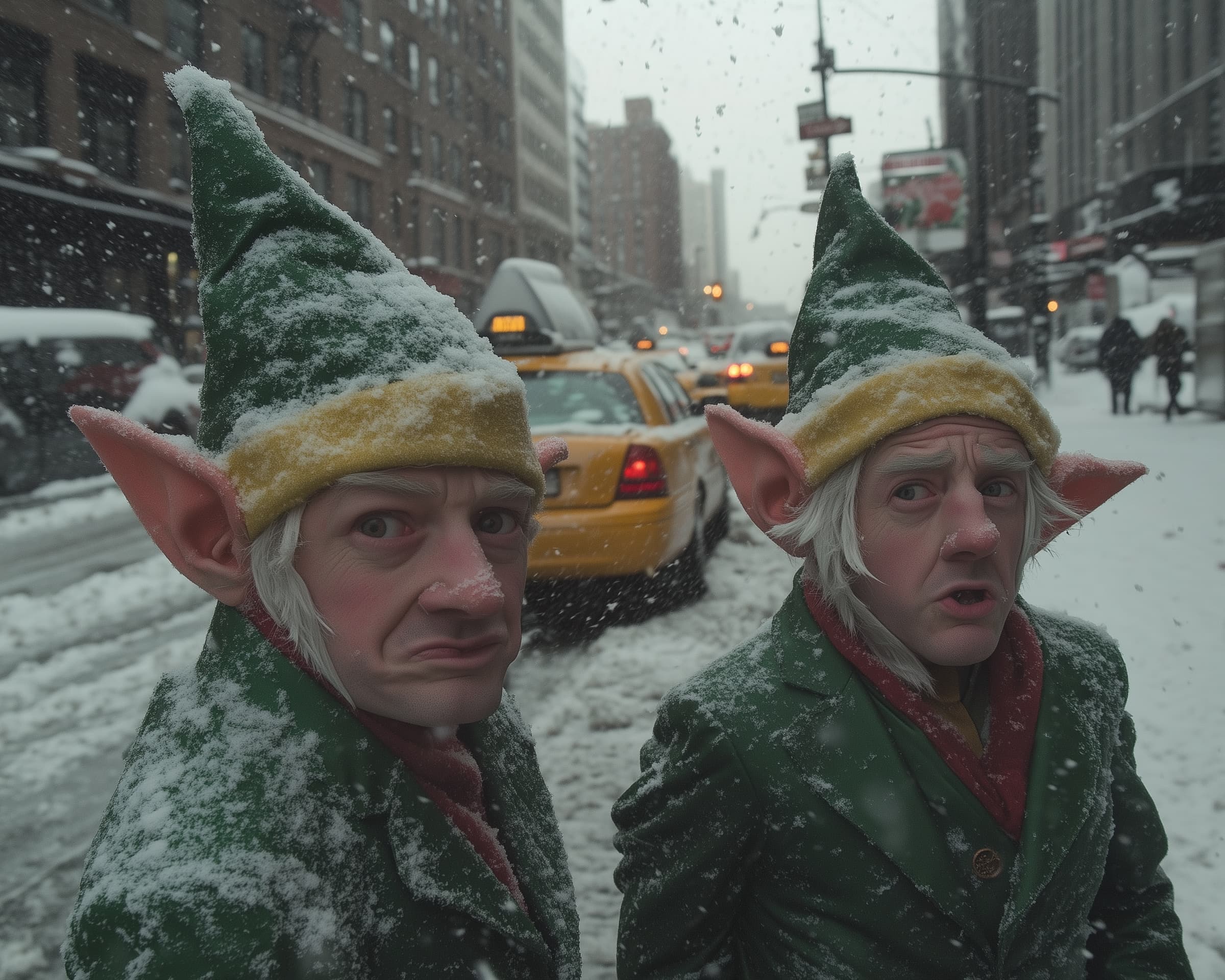 Two elves looking frustrated trying to hail a taxi on a snowy New York City street.