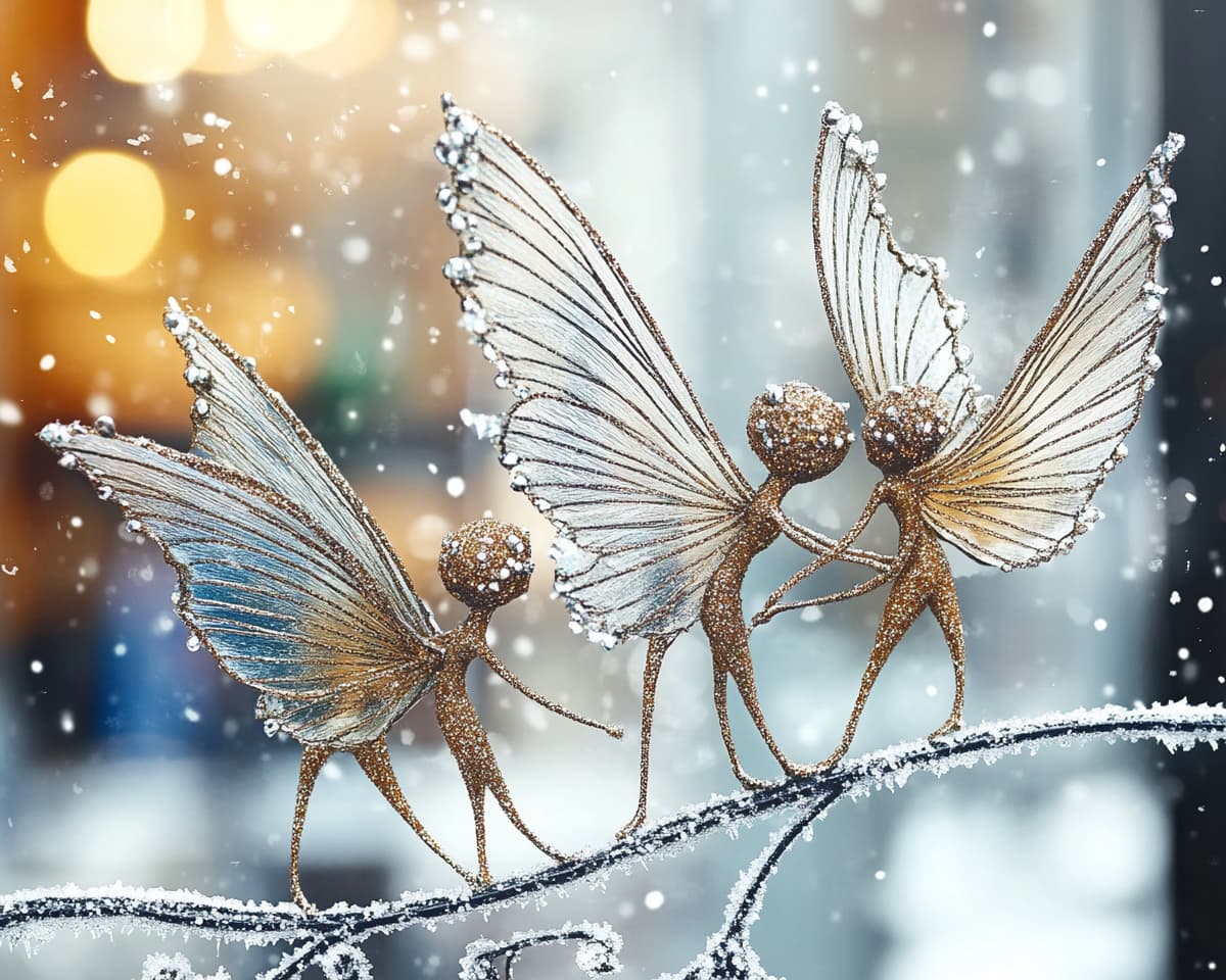 Three fairies with iridescent wings and shimmering dresses are window shopping on a snowy Parisian street, admiring the Christmas decorations in a boutique window