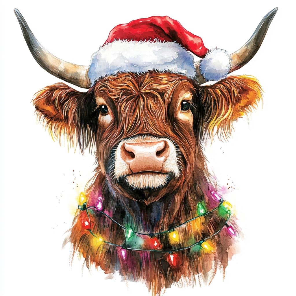 Watercolor of a Highland Cow wearing a santa hat and adorned with a colorful christmas light necklace.