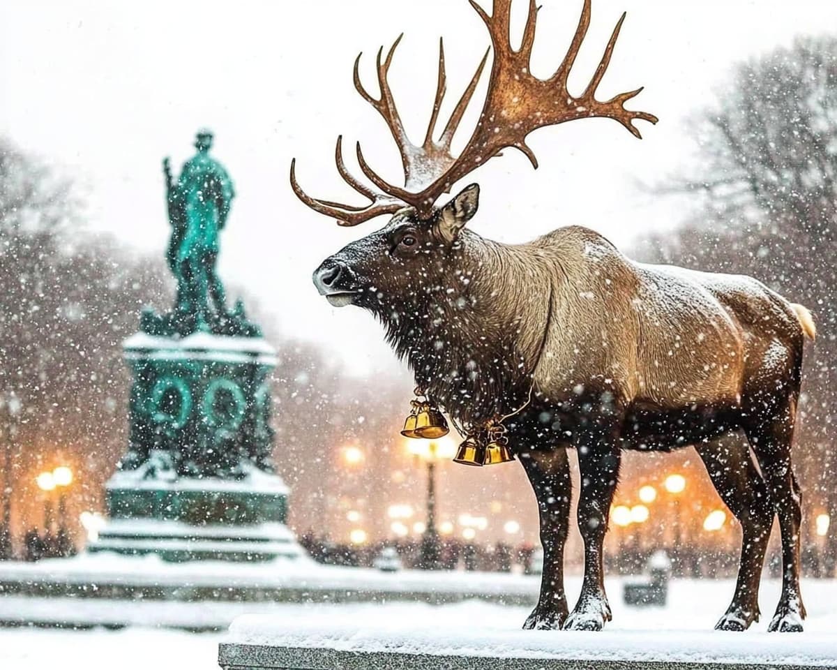 A reindeer with large antlers and sleigh bells, the reindeer are in Boston Common at night. It's snowing heavily