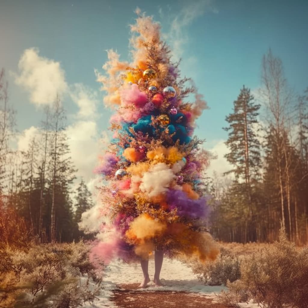 A surreal artistic photograph showing a person's bare feet standing in snow, with their body replaced by an ethereal Christmas tree-shaped explosion of colorful smoke and glitter in pink, purple, orange, and blue hues.