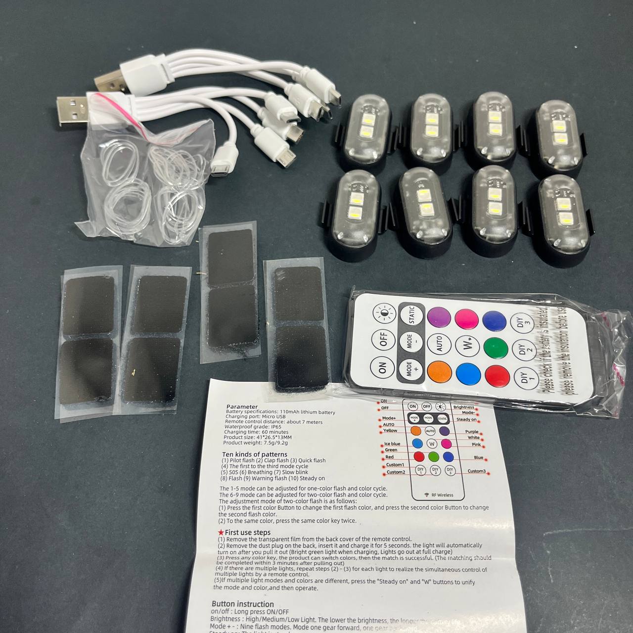 Kit 8 Luces LED Inalámbricas RGB c/ Control Remoto para Carro, Motos y Bicicletas