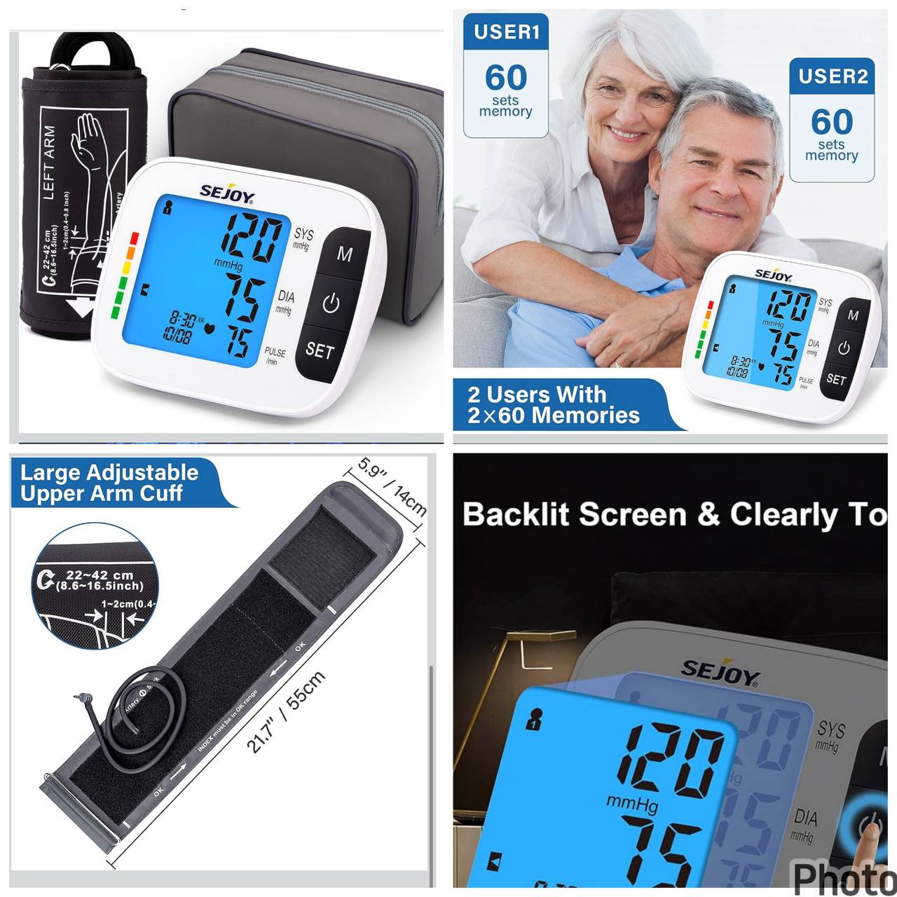 Monitor de Presión Arterial Digital SEJOY con Brazalete Ajustable 22-42 cm y Memoria Dual