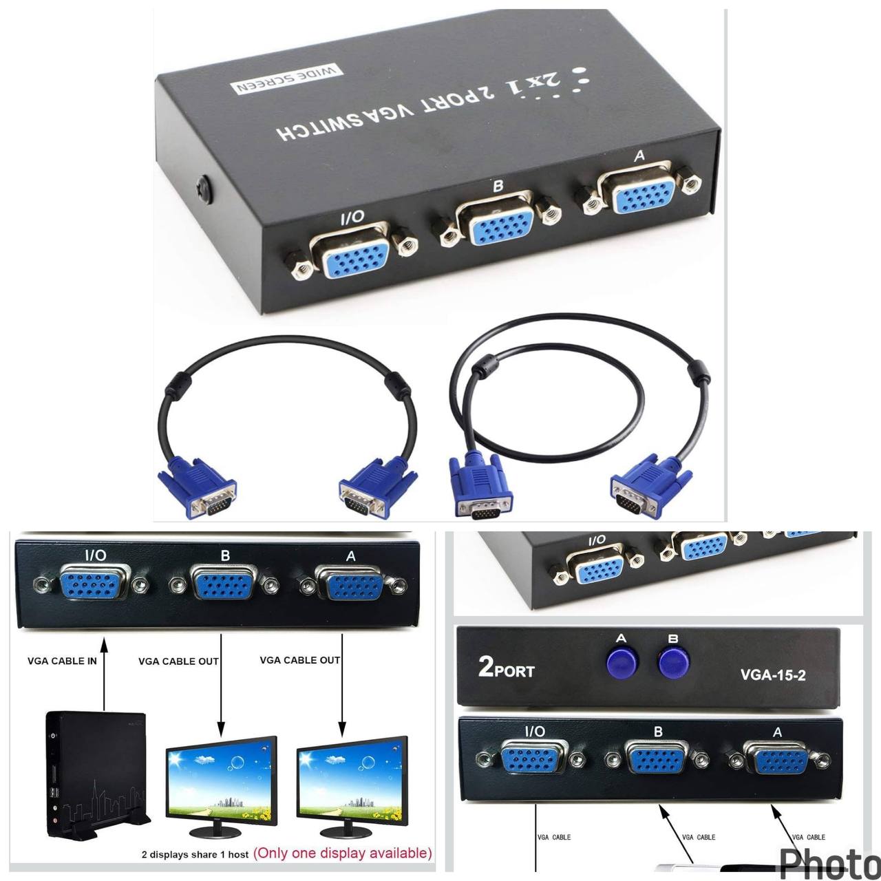 Switch Conmutador VGA Bidireccional de 2 Puertos (Modelo VGA-15-2) + 2 Cables Incluidos