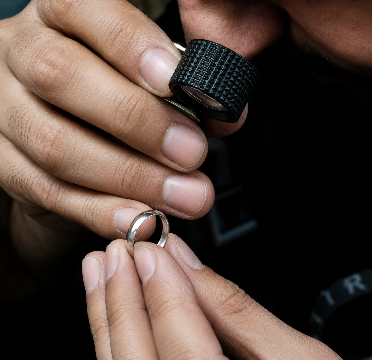 Quality control inspector analyzing a diamond gold ring under magnification