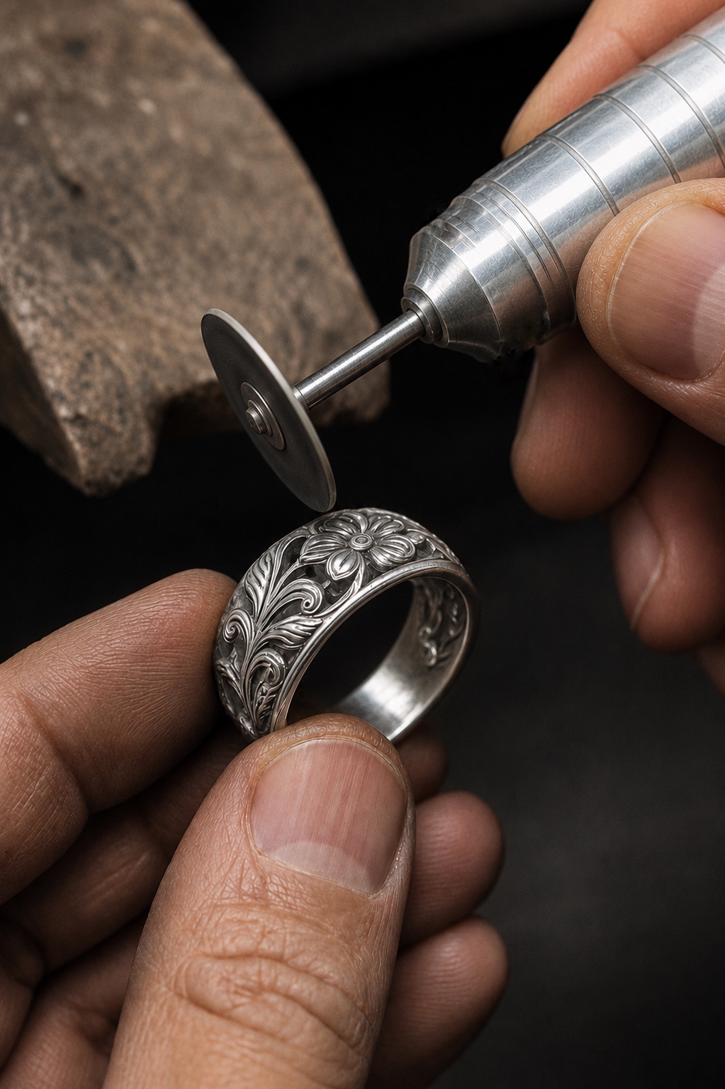 Jeweler griding and finishing cast metal pieces