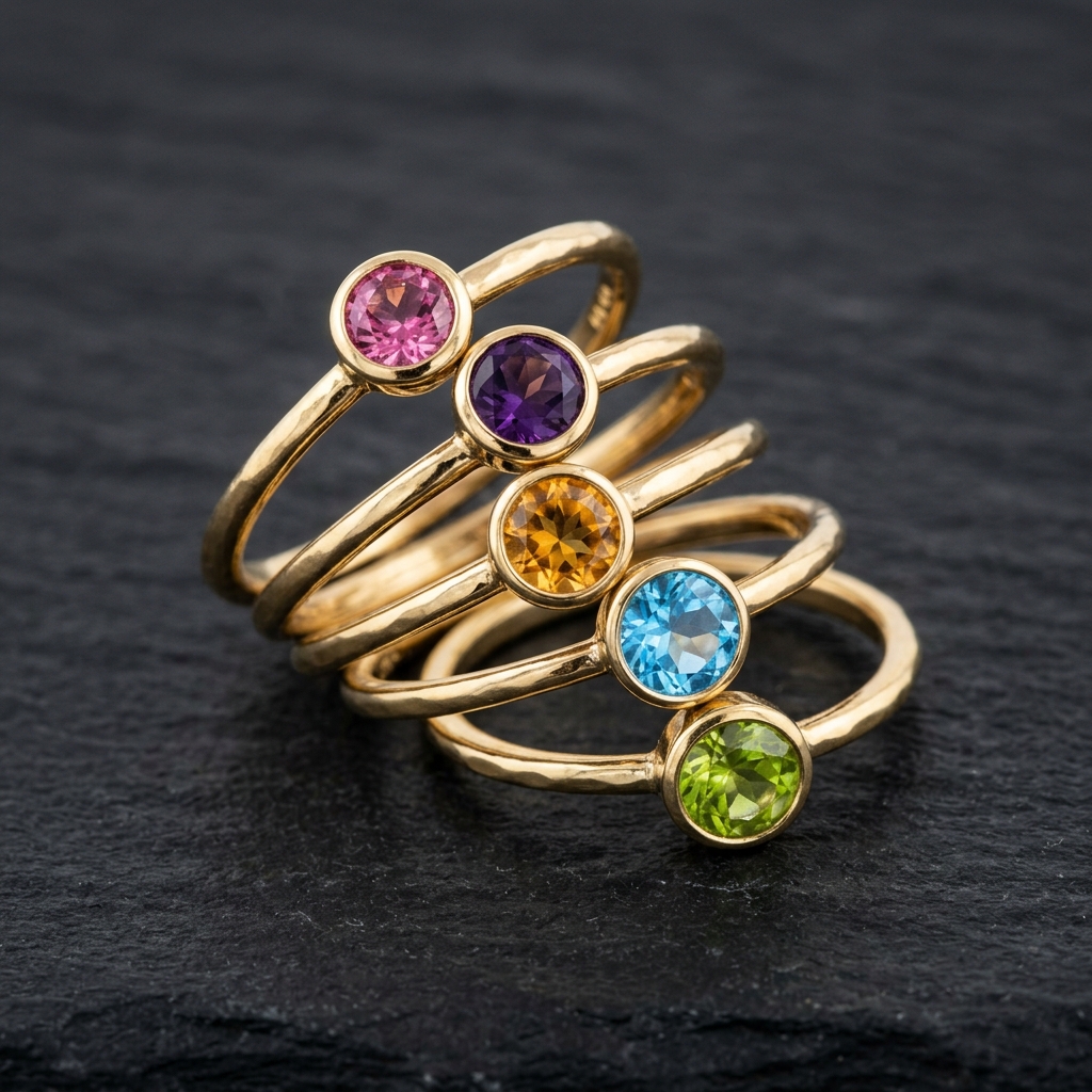 Stack of five gold bezel rings with colorful gems