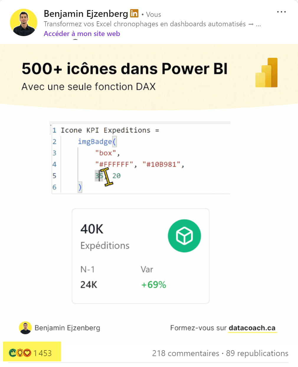 Illustration d'une ressource Power BI diffusée par Benjamin Ejzenberg.