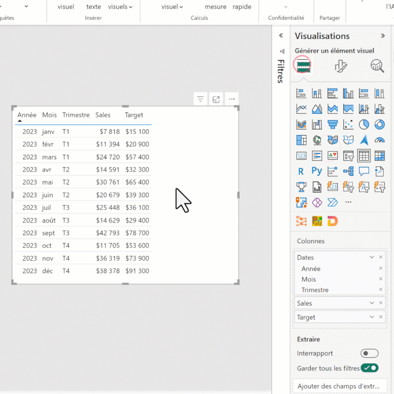 Animation d'un visuel Power BI avec interactions avancées.