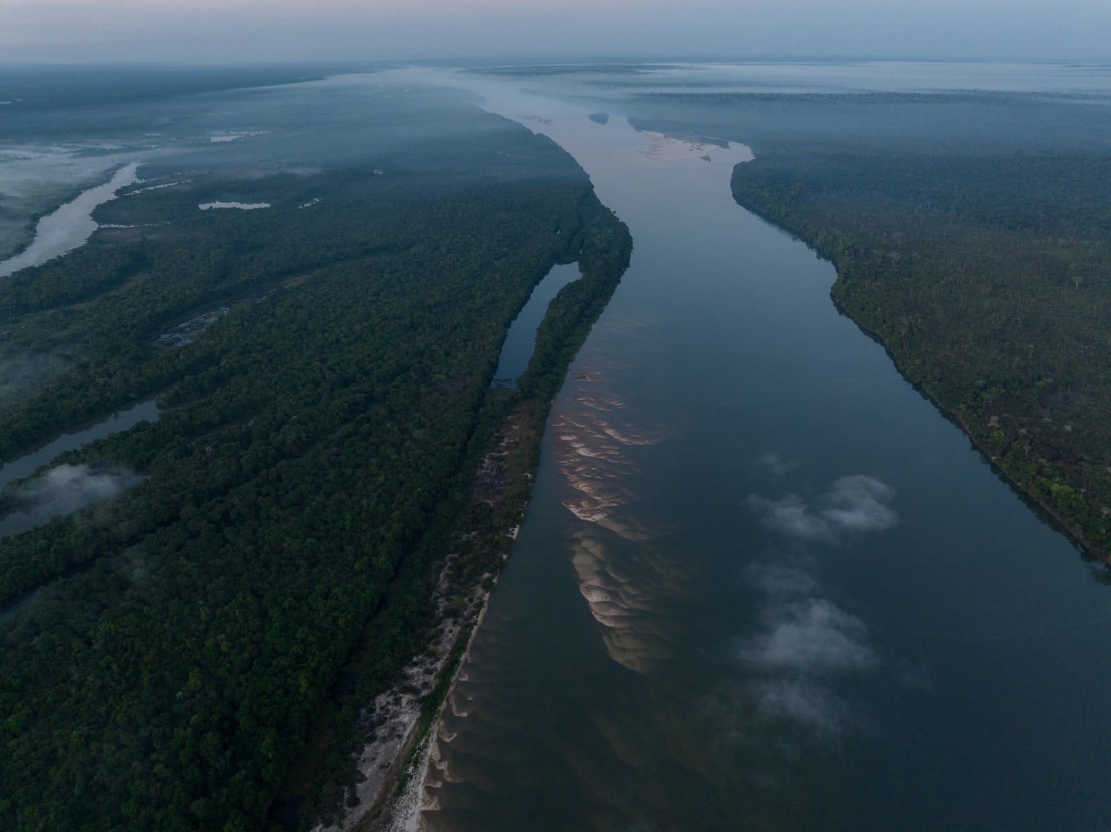 Aerial view of the Xingu river at dawn with mist over the rainforest