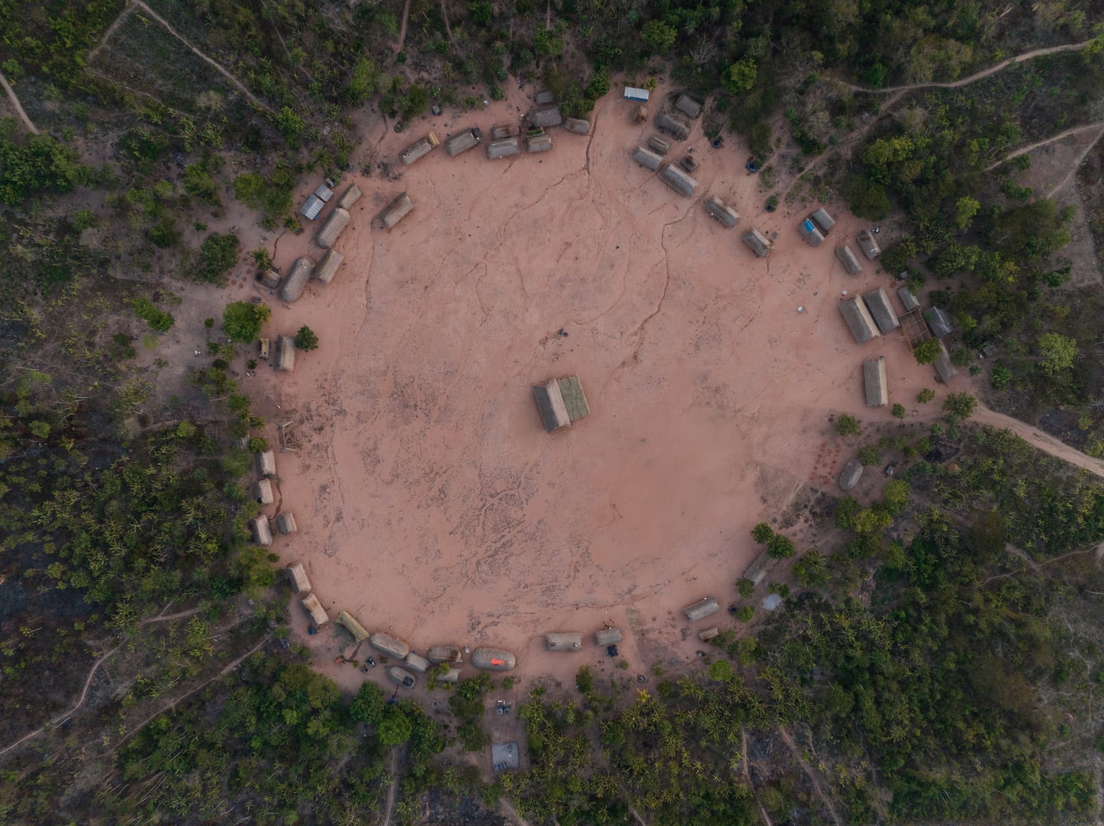 Aerial view of a circular Mebengokre village in the Amazon
