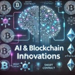 Futuristic AI brain connected to blockchain nodes and crypto symbols