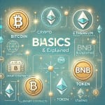 Illustrated guide showing Bitcoin, Ethereum, BNB with blockchain visuals for beginners