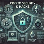 Digital shield, hacker icon, phishing alert, and hardware wallet representing crypto security