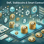 USDT, DAI, and USDC icons with smart contracts and yield farming visuals