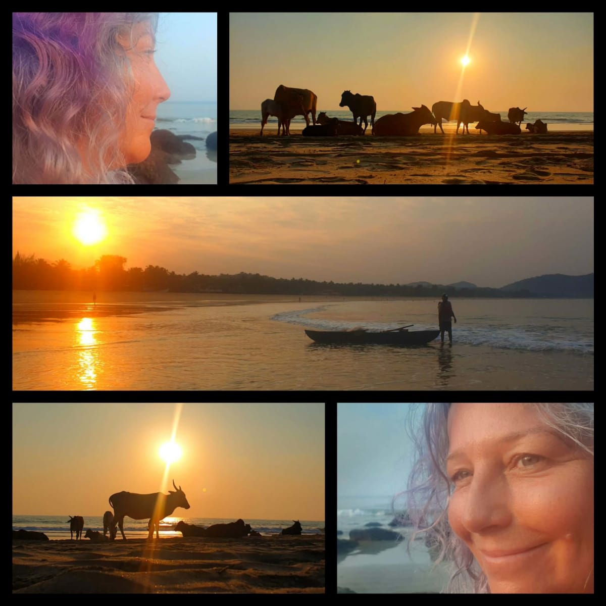Zachód słońca nad plażą w Indiach, postać z uśmiechem, krowy w tle, spokój i harmonia natury.