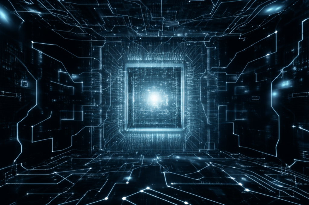 futuristic AI interface with human-like consciousness and digital neural networks