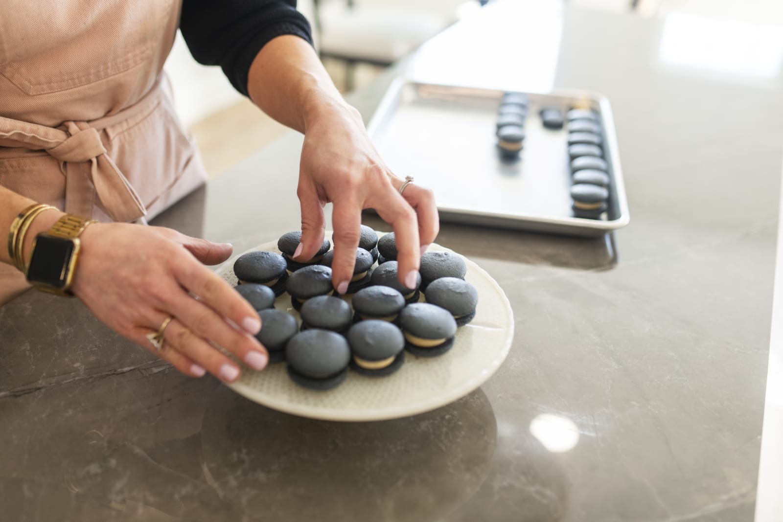 Finished macarons plated
