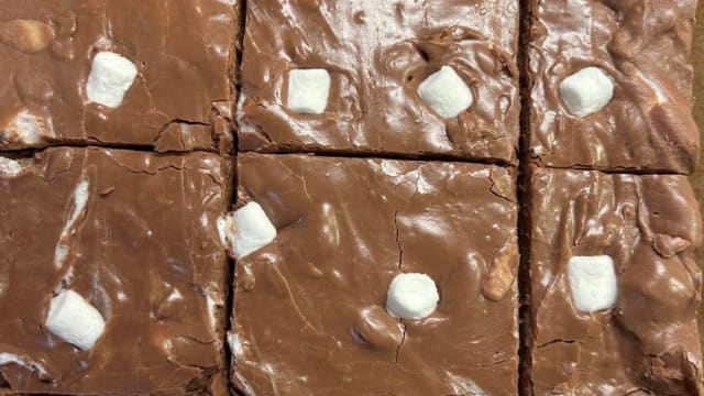 Homemade rocky road fudge with marshmallows, cut into squares, made from scratch by Lisa of Kountry Kreations in Bolivar, Tennessee
