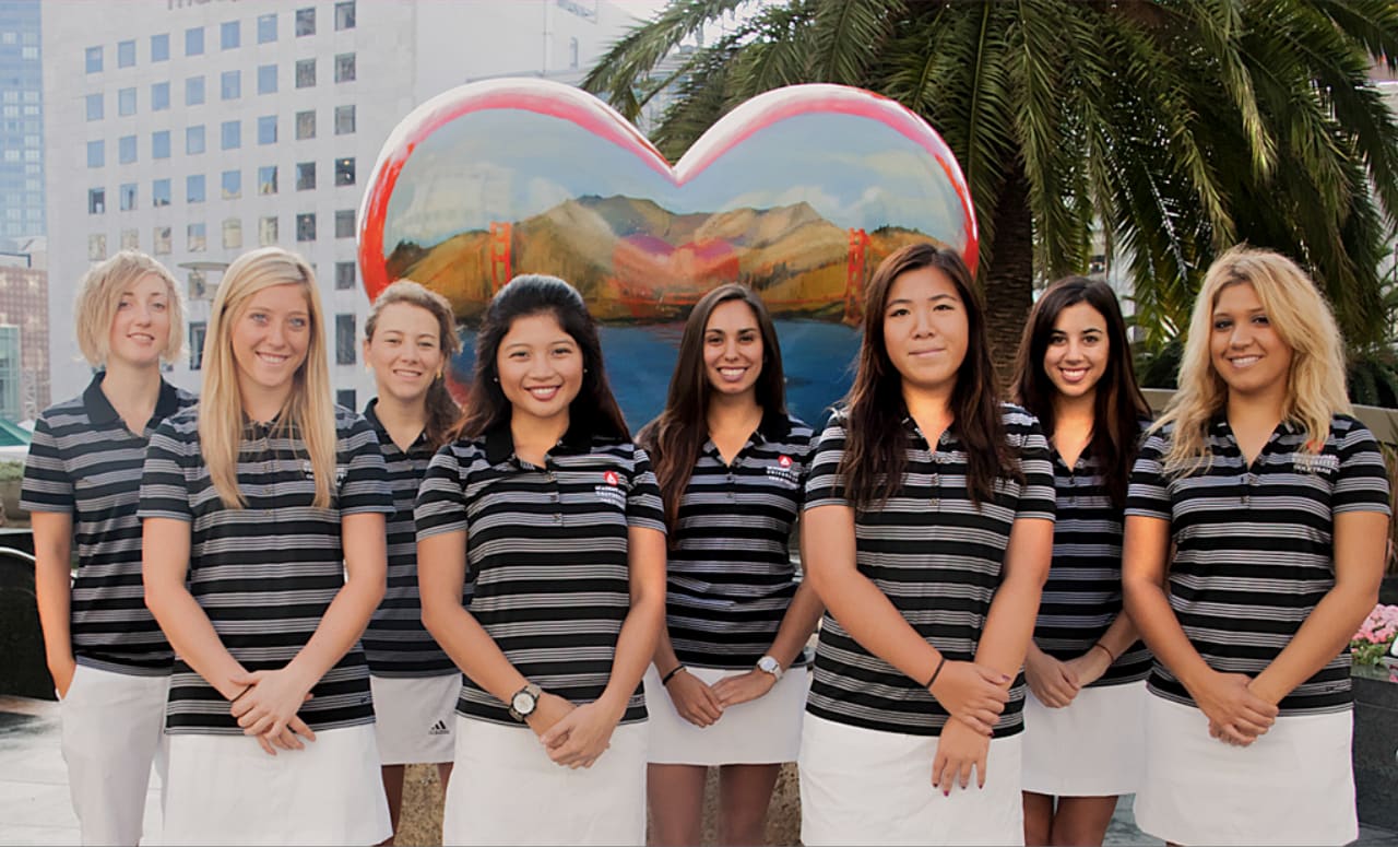 A diverse golf team with different females smiling into the camera, Golf, GamePlanA, adidas, team