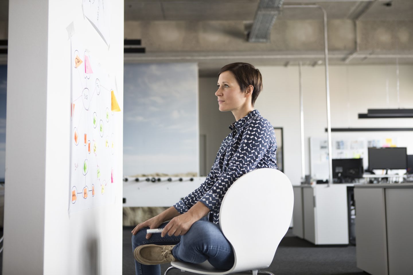 Businesswoman in office looking at mind map, goal-setting, adidas, GamePlan A, fitness, self-improvement, planning