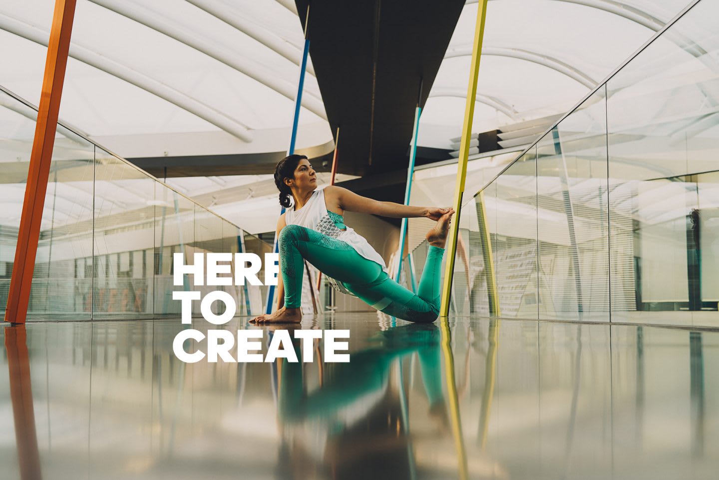 A female yogi doing yoga in an office building at the adidas HQ. HereToCreate, employee, creativity, Laces, leadership, jobs, flow, job, team, GamePlan A