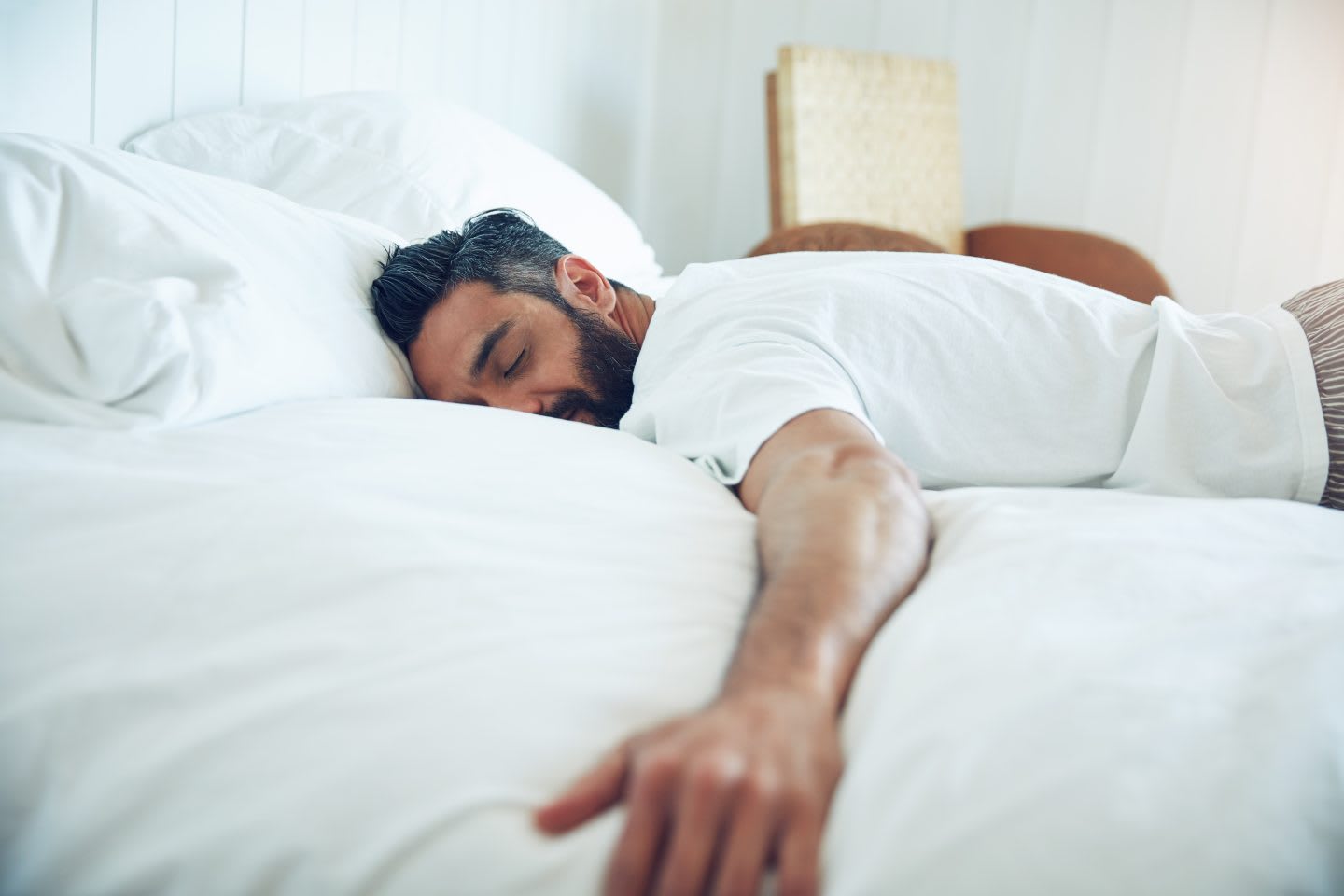 Shot of a mature man lying on his bed and sleeping. sleeping, comfort, snoozing, sleep pattern, bed