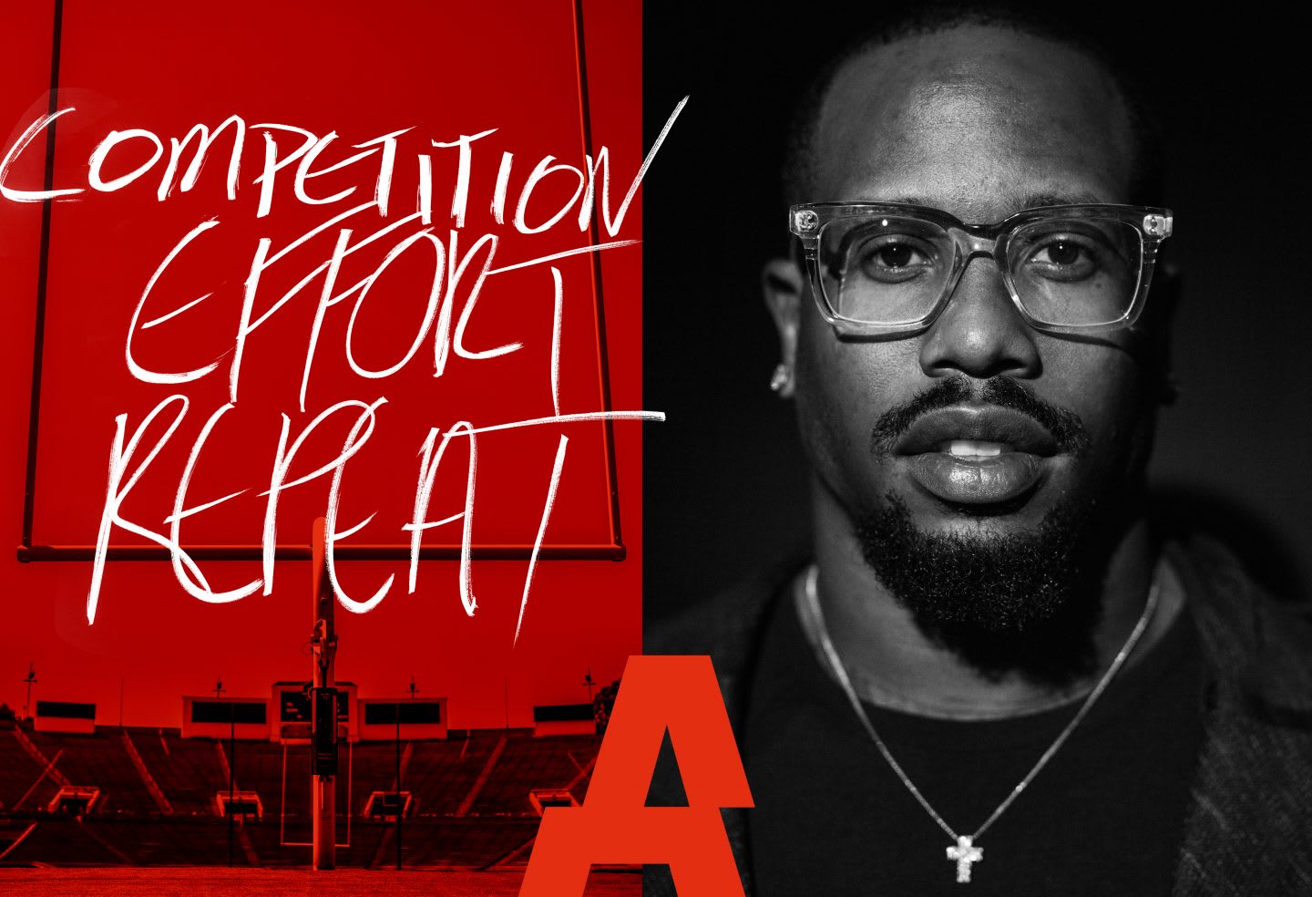 American NFL American football star Von Miller poses with the words competition effort and repeat beside him. american football, NFL, athlete, competition, effort, repeat