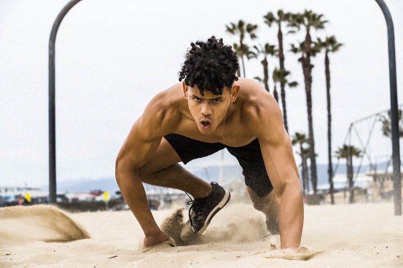 A man doing an animal walk workout at the beach without wearing a t-short. career, success, adidas, GamePlan A, personal growth, attitude, motivation, Animal workout-beach-fitness-man-muscles