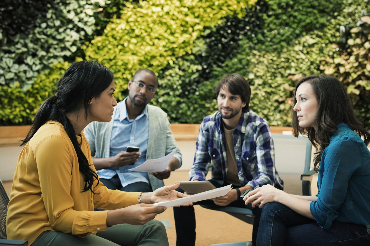 Group of business people discussing over work project, outside office, team work, collaboration, colleagues, GamePlan A