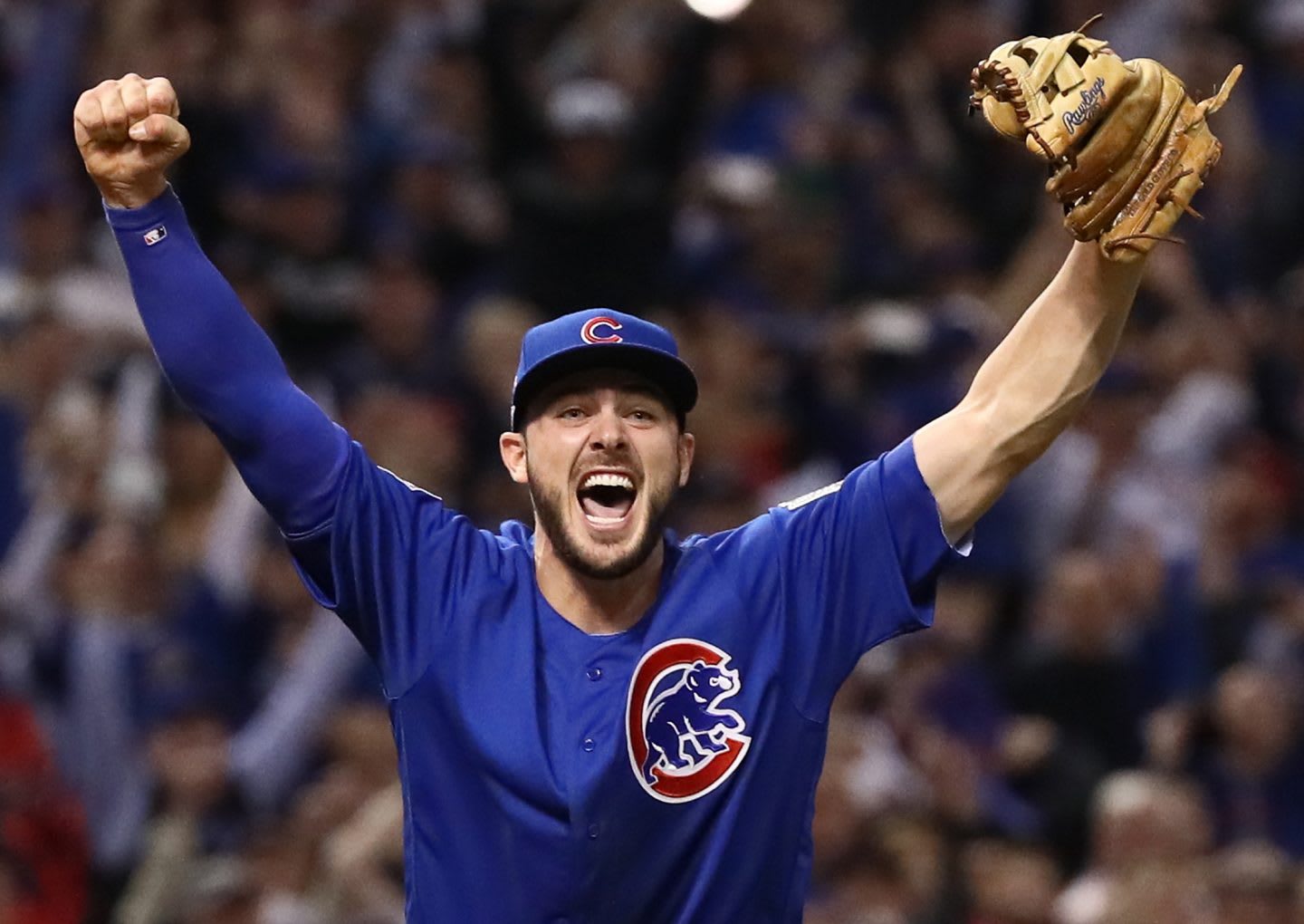 Chris Bryant celebrating in Baseball World Series match Chicago Cubs versus Cleveland Indians, Chris Bryant, celebration, victory pose, positivity boost, baseball, home run, adidas, GamePlan A, boost confidence