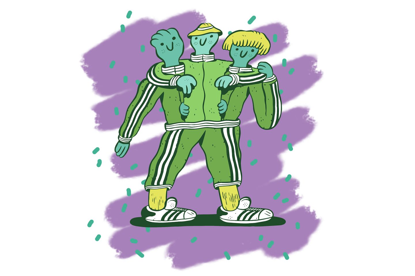 Three cartoon figures walking and hugging together, teamwork, friends, together, help, support, GamePlan A