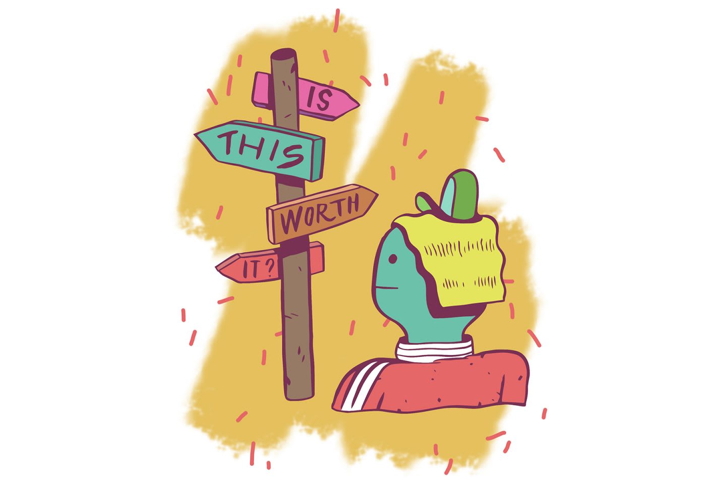 Cartoon figure questioning decisions in life, crossroads, signs, confusion, unsure, GamePlan A