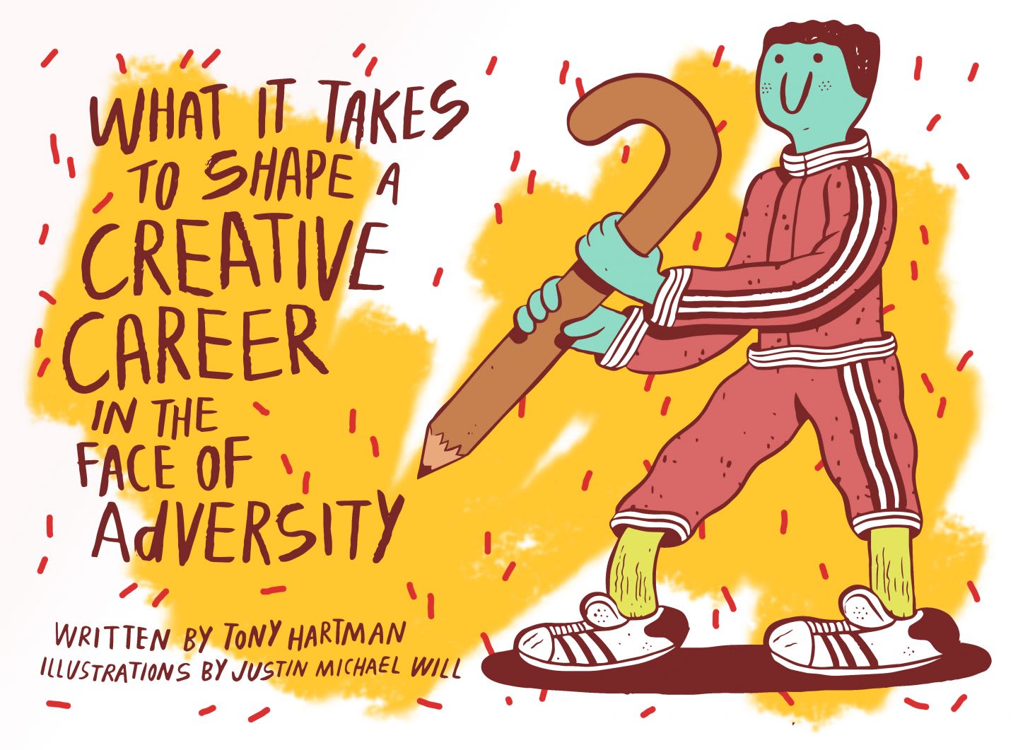 Green cartoon boy wearing red tracksuit and white sneakers holding a big pencil, Tony Hartman, Justin Michael Will, adversity, career, creative, challenges, positive, smiling, drawing, colorful, GamePlan A