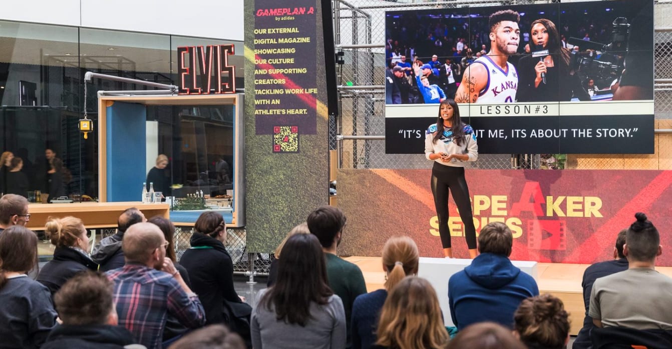Maria Taylor giving a speech on stage for GamePlan A Speaker Series, adidas, ESPN, reporter, inspiration, motivation, GamePlan A