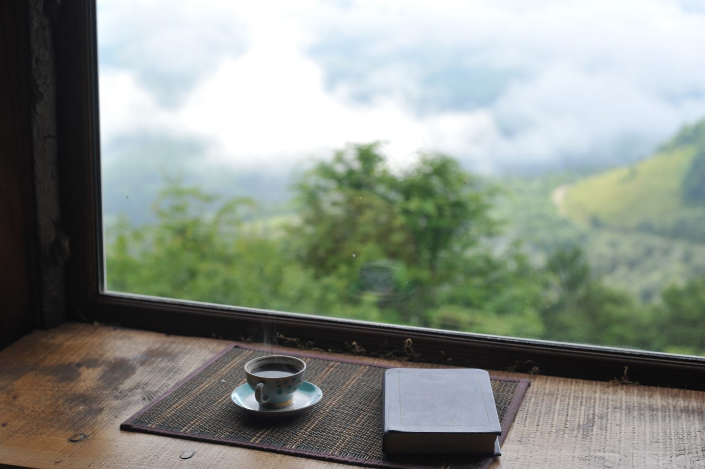 Close-up book and coffee against the beautiful view from the window. Time to let your mind wander. GamePlanA