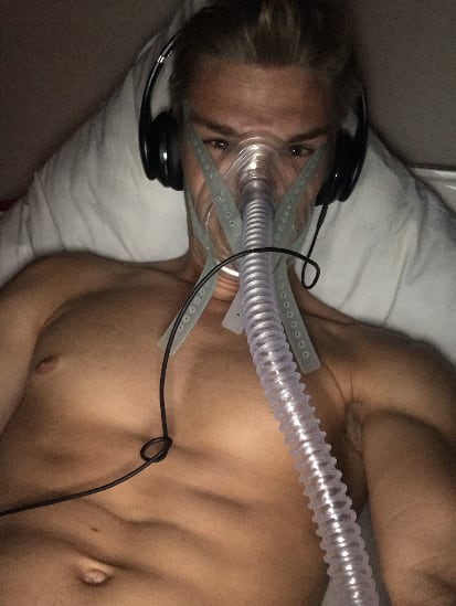 Selfie of Marcel in his oxygen tent at home which he set up in his garden to get acclimatized for climbing Everest
