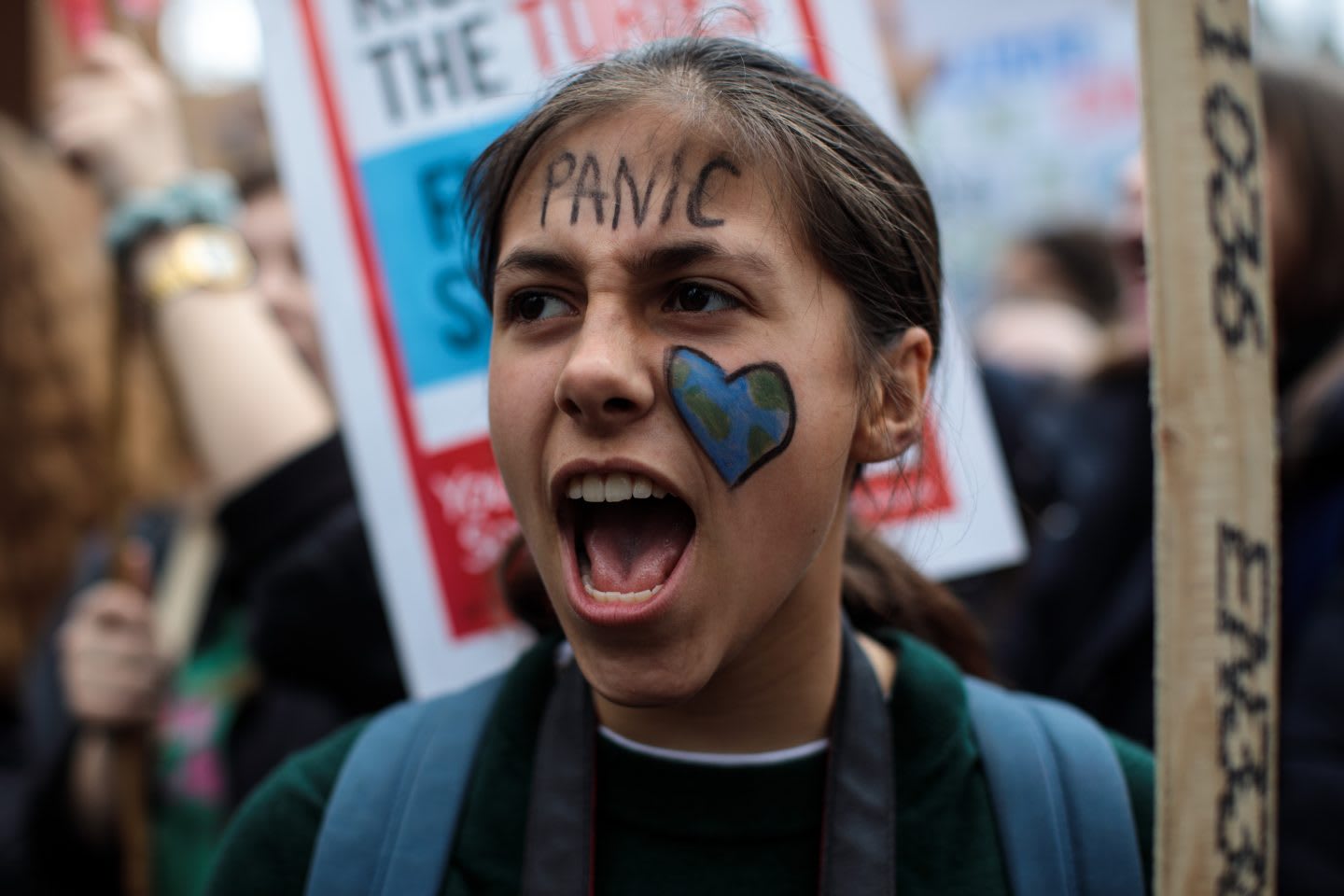 A girl wears face paint as schoolchildren take part in a student climate protest. Sustainable fashion, Gameplan A