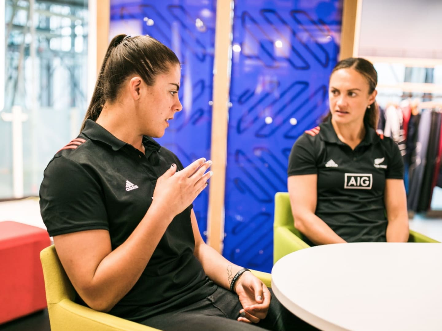 Les Elders and Eloise Blackwell from the women's rugby team Black Ferns during an interview with GamePlanA