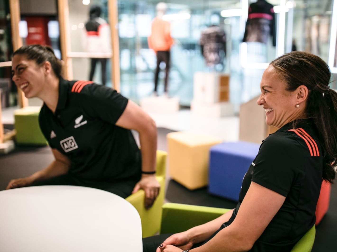 Les Elder and Eloise Blackwell from the women's rugby team Black Ferns having fun during an interview with GamePlan A