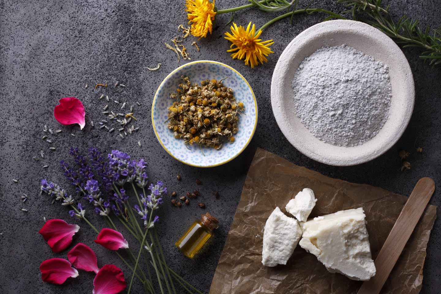 Organic cosmetic ingredients on rustic stone background.avoid plastic, sustainability, habits and routines, inspiration, GamePlan A.