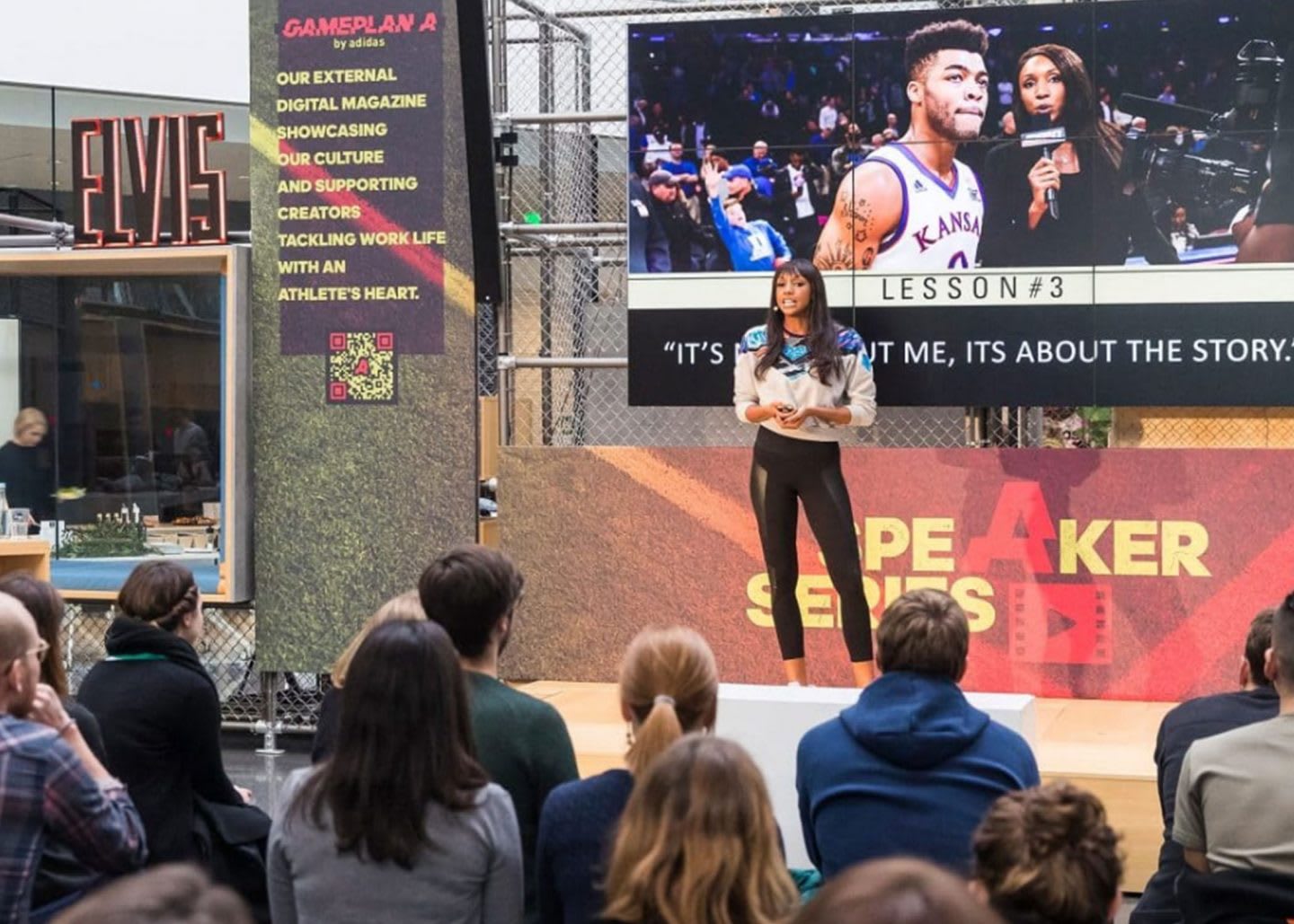 Maria Taylor talking on stage at the adidas HQ in Germany. ESPN, career, TV host, college basketball, women, GamePlan A, Speaker Series