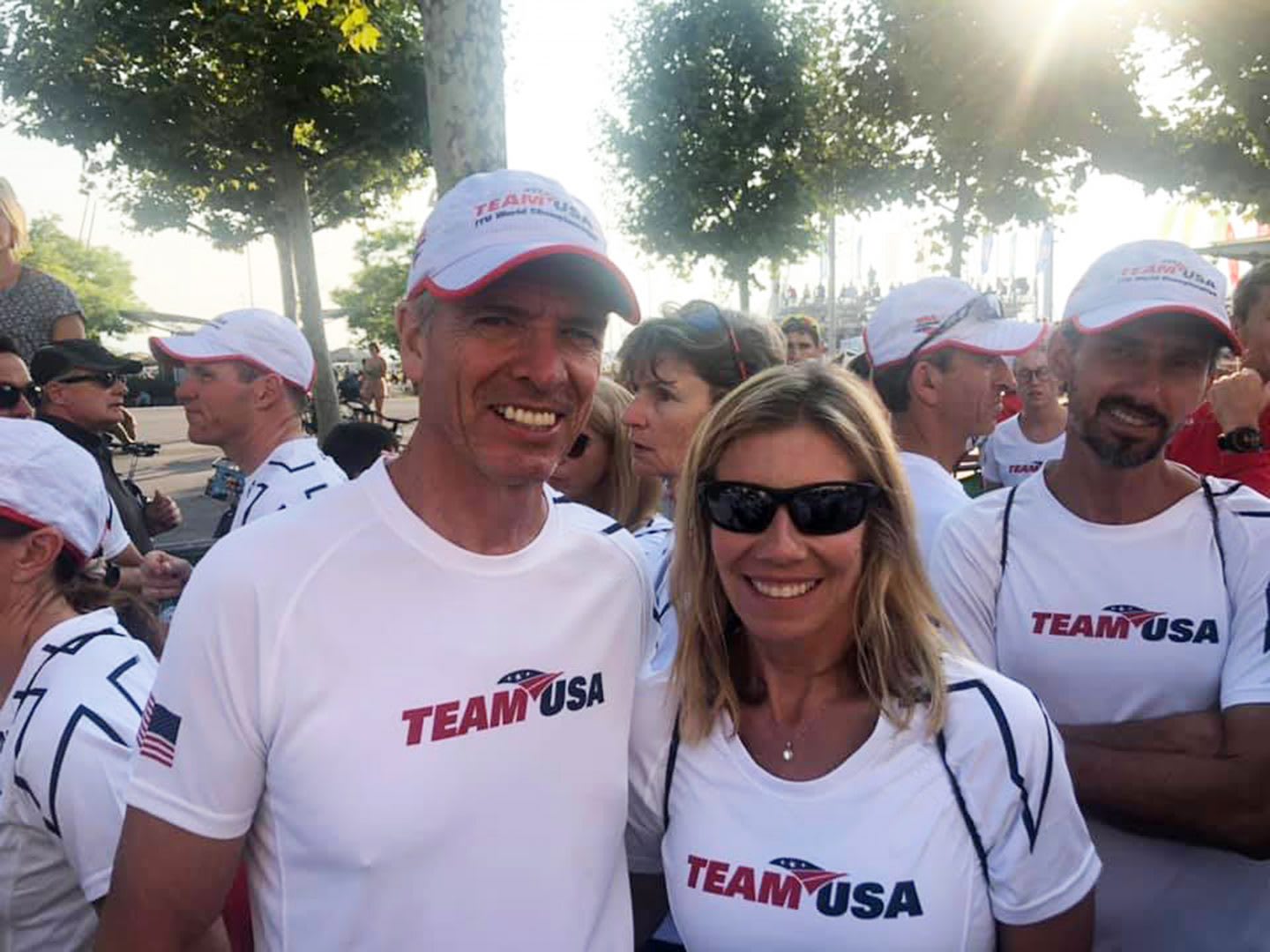 Two athletes pose after competition with Team USA shirt