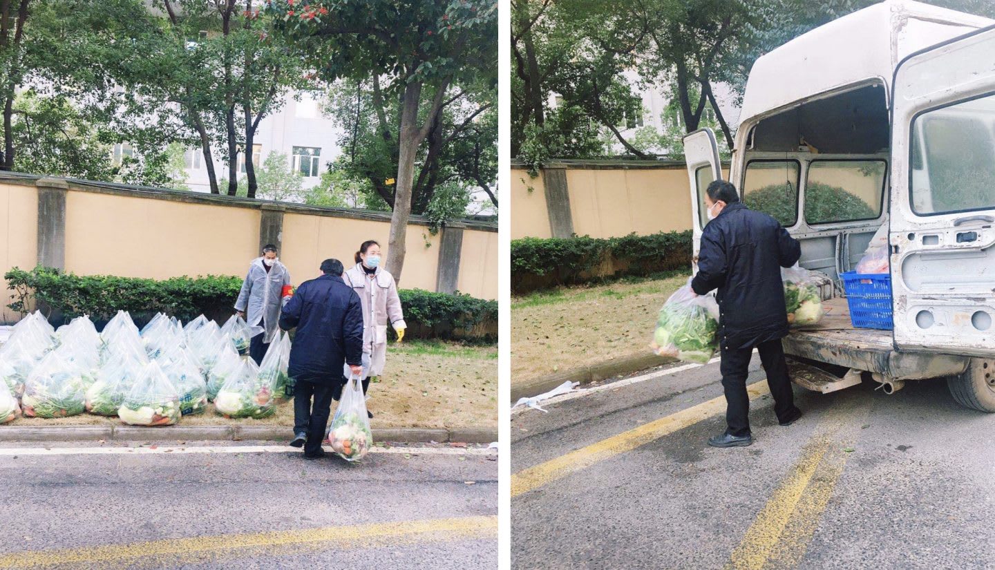 Volunteers helping to deliver food from trucks in Wuhan, China, coronavirus, helpers, local, delivery